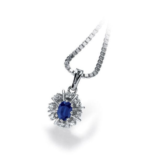 Diamantsmykke i hvitt gull med 0,12 ct W-Si & safir -270057